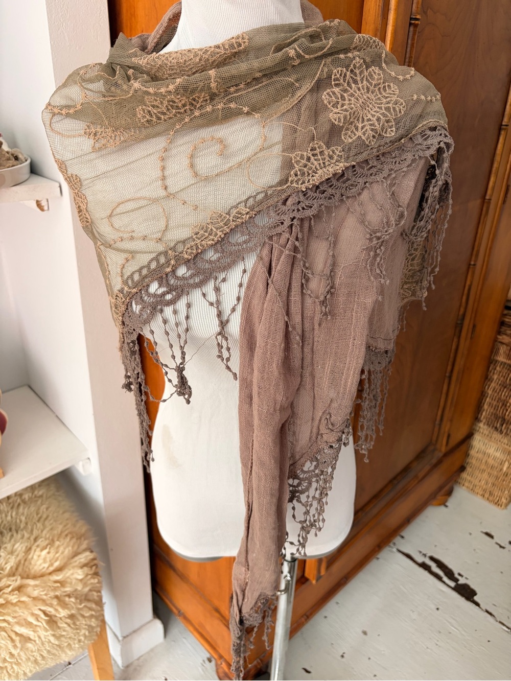Boho Lace Fringe Shawl - Taupe